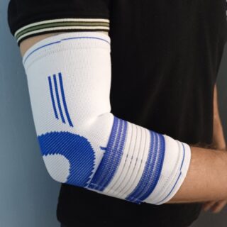 Бандаж ліктя з бинтом біло-синій 830